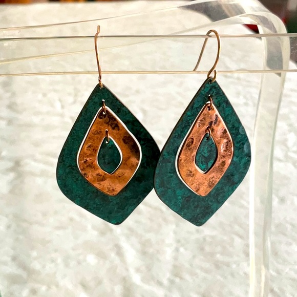 Earrings - Teal/Green and Gold wire earrings - Picture 2 of 3